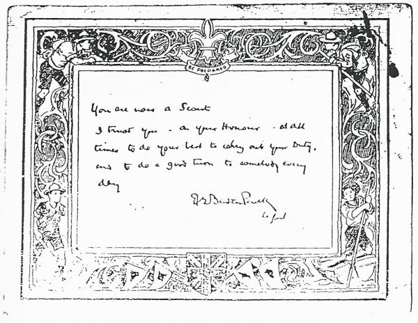 Baden-Powel welcomes J.X. Coutts to the Boy Scouts